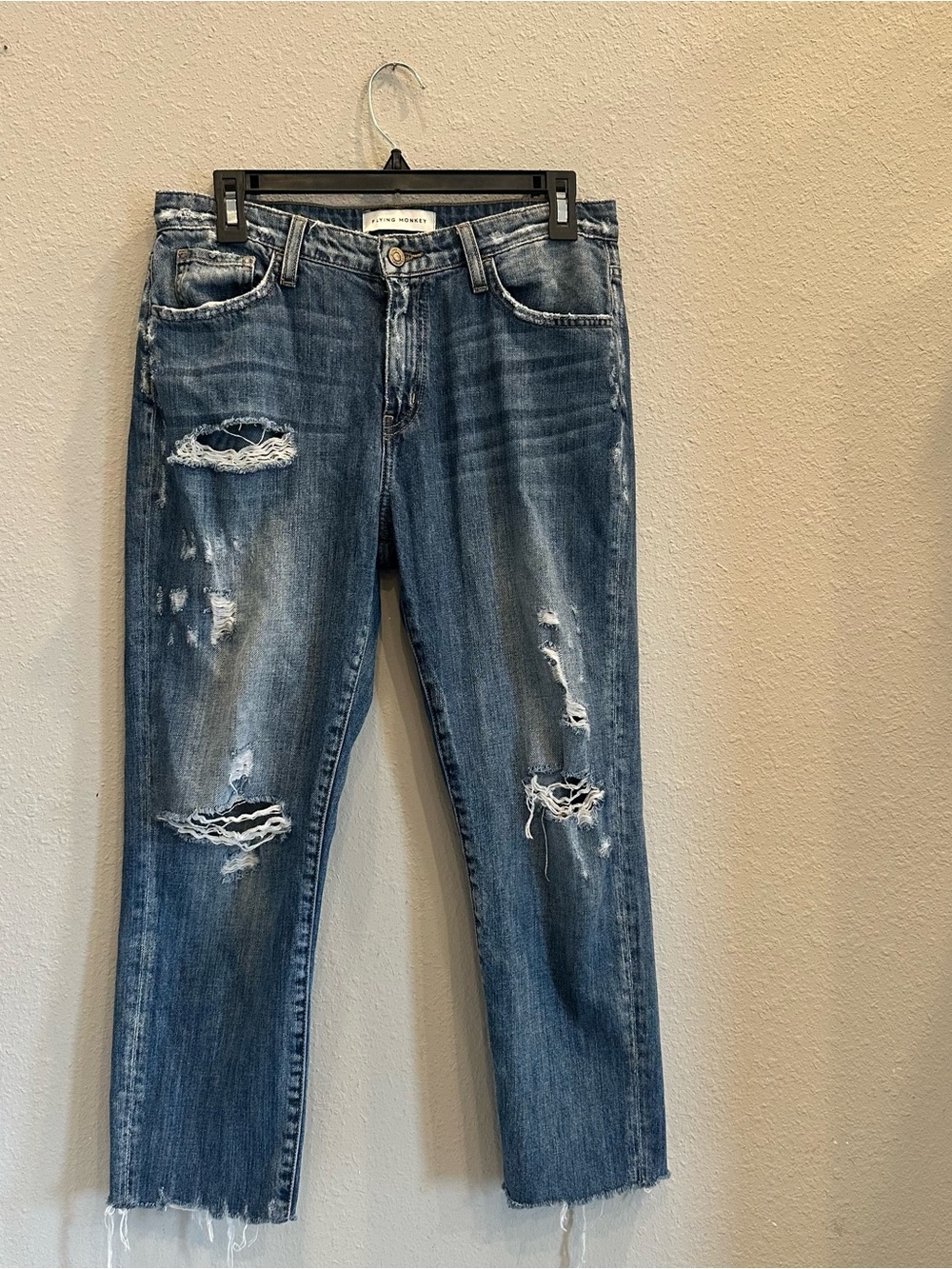 Flying Monkey Distressed High Rise Straight Jeans Medium Wash Raw Hem